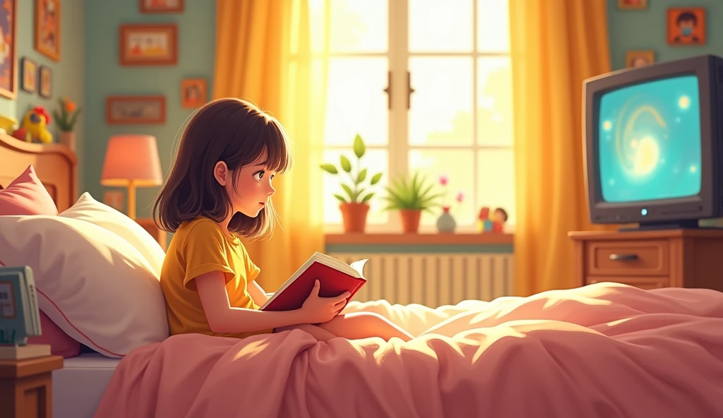 Depict a young girl, Emily, sitting on her bed with a book or watching TV. The room is bright and cheerful.
