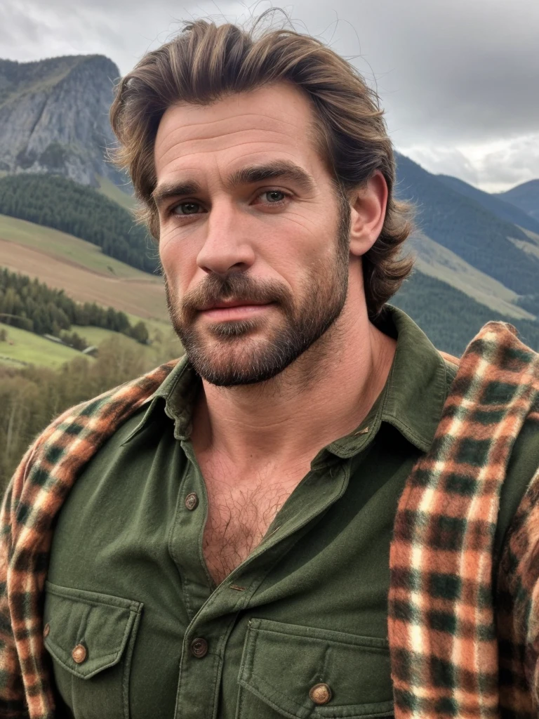 hair, portrait of a ruggedly handsome paladin, muscular, half body, masculine, mature, Retrato de un joven, Muscular very handsome and attractive spanis men, A 40 years old male, Retrato de un joven, Muscular, real, mountain, winter, plaid green shirt