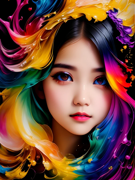 Portrait of a stunningly beautiful teenage girl with flowers ! Flow of black ink , Golden , Blue , yellow , red , purple , green ink , the whole range of colors of paints , photorealistic masterpiece in 8k resolution , complex detailed painting with liquid gouache , calligraphy , acrylic, watercolor art, Professional photography, daylight, Volumetric lighting maximalist photo illustration ,  concept art in 8K resolution, finely detailed, difficult, elegant, expansive, fantasy. A whirlwind of colors creates a masterpiece ! Portrait of a teenage girl !