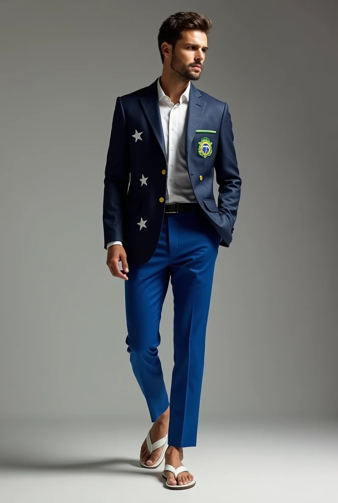 brazil uniforms, male version where it is a more elegant aesthetic and the blazer is a dark blue color with white stars, blue pants with green and yellow details and white flip-flops on the feet