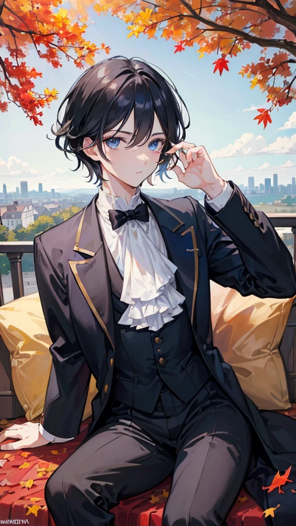 A medium black haired blue eyed boy wearing a monocle wearing a formal royal outfit looking to the calm side. Sitting under a tree scattering leaves in the air in autumn. crown prince. Setting is a forest with a view of the city. perfect hands.