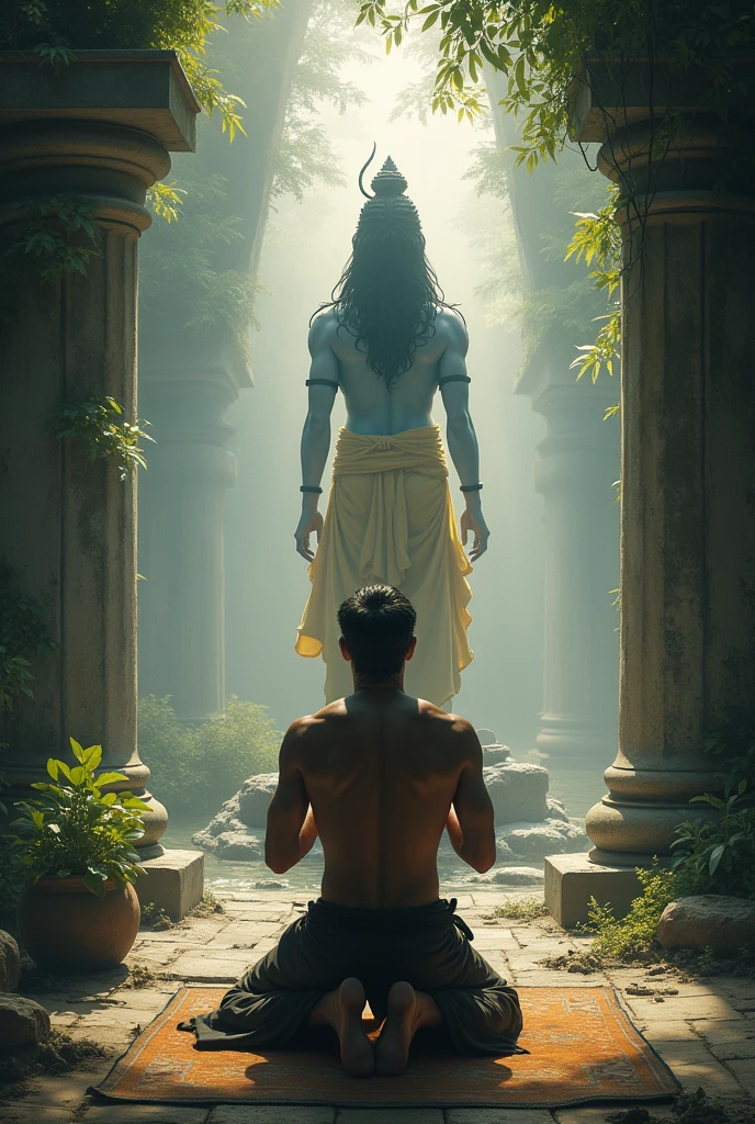 A picture of a man from back  worshiping lord shiva 