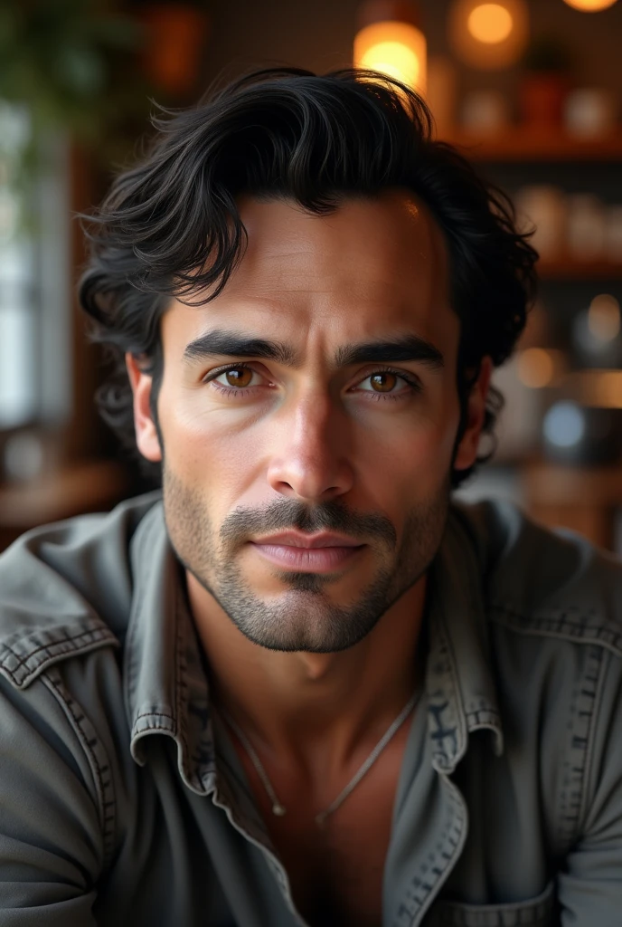 (front view) very detailed  photograph of a italian man, detailed coffee shop background, (with black hair), (dark eyes) (symmetric handsome face) nice and well defined nose, (well marked and angular jaw), proportioned and full lips, stunning realistic photography, realistic soft color, octane render, intricately detailed, sharp focus, stunning full color, shot on DSLR camera, 32k resolution, best quality, (focus on skin texture)