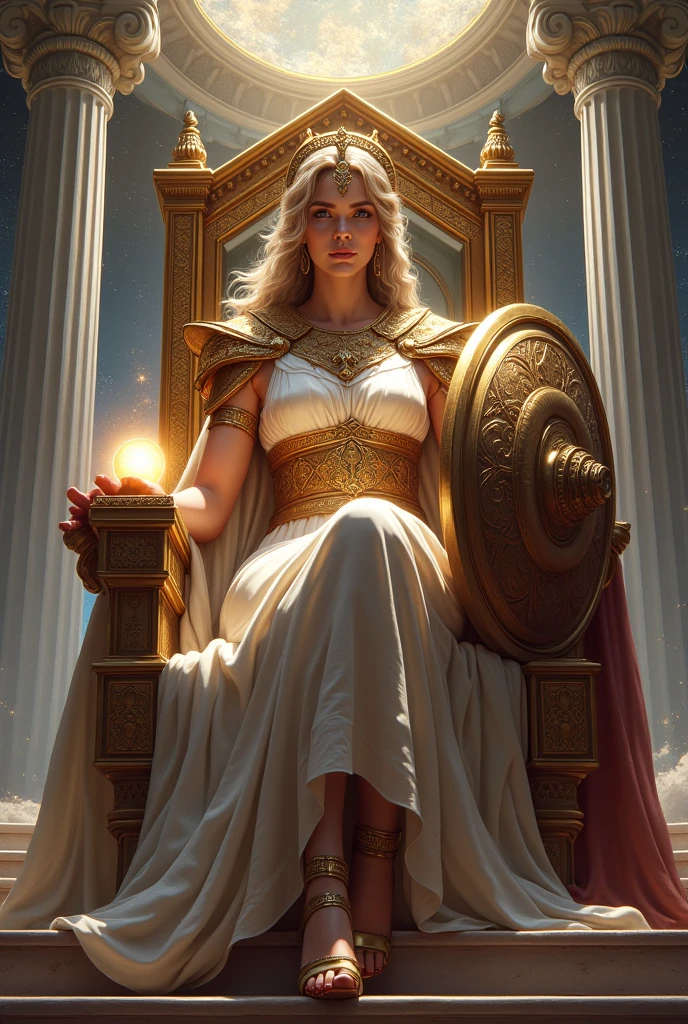 Greek godess athena goddes of wisdome and defence sit on a throne with a shield and a sphere