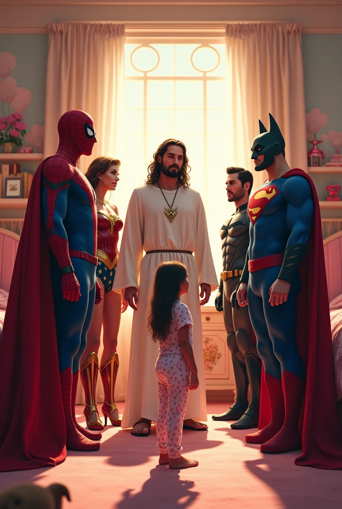 Spider Man, Wonder Woman, Batman, Super man and Jesus Christ in the middle of everyone as the best superhero next to Jesus Christ a girl in pajamas, in the background a room decorated for a girl