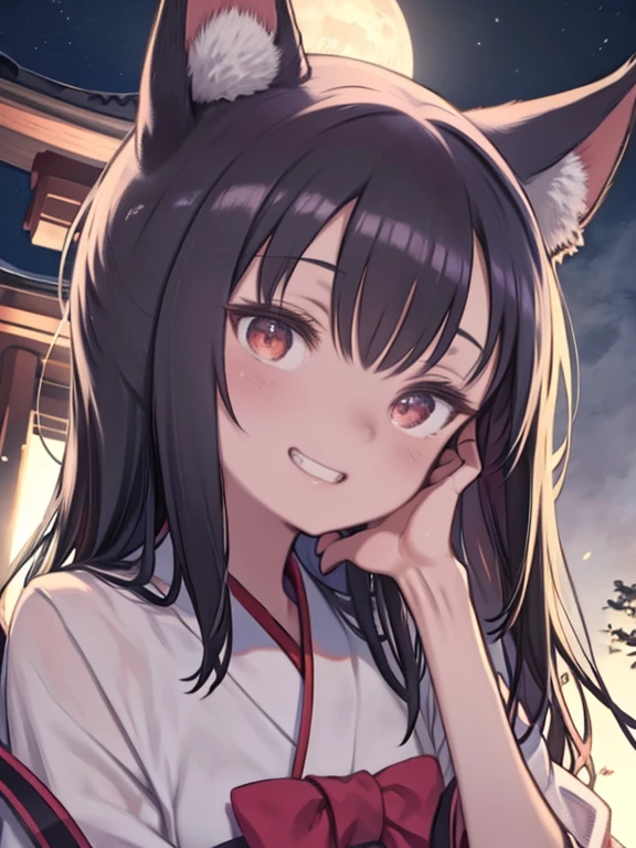 One Woman、Shrine maiden、Shrine maiden服、Fox Ears、Long stone staircase、、Night Scenery、full moon、Upper Body、(Grin)、white black hair、Red Eyes、Angle from below、Stroking the cheek with one hand、Tilt your head、