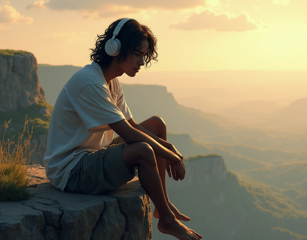 create a cover for an album where I appear as a 2 young man of 1.85 tall with dark skin and long wavy hair a little below the shoulders wearing loose clothing, Do it sitting on a cliff with headphones and at the top a title that says "Beat it",