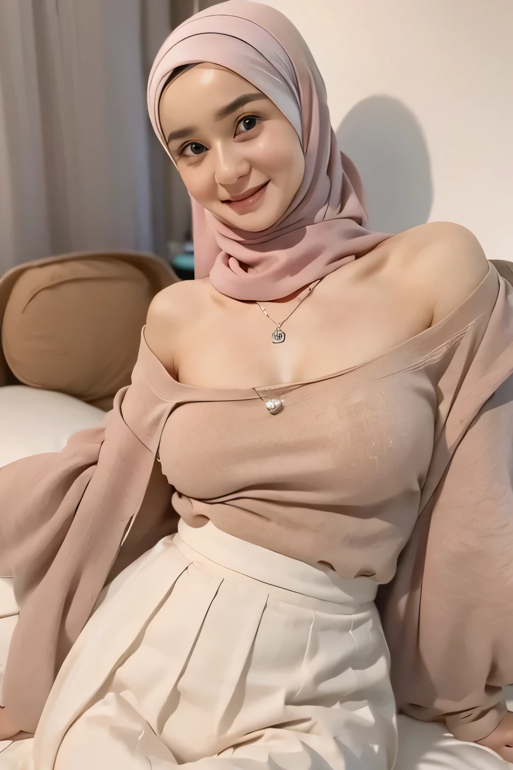 (4k, very realistic, soft light, muted colour), 2 girl, wearing a pink hijab, wearing beige sweater, lower off shoulder sweater, wearing long necklace, (wearing white pleated skirt), sweater follow the shape of body, leaning on sofa, hands on hips, cleavage, (white background), slim body, huge , (huge breast 1.6), kawaii, shot from above, smile