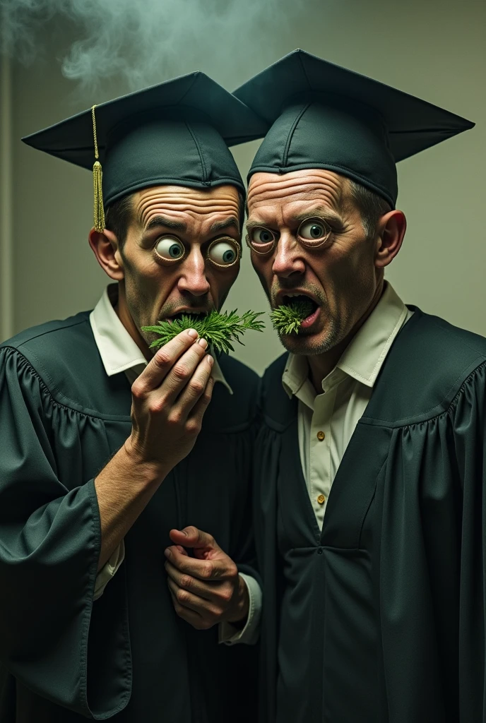  2 man in graduation clothes with bulging eyes from ????? using marijuana