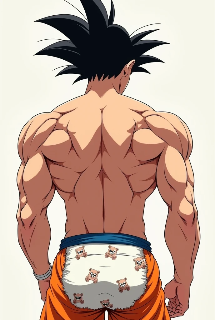 Goku (back view) showing her ass and (His pants are torn in the back, making his underwear visible.) his white underwear with bear prints 