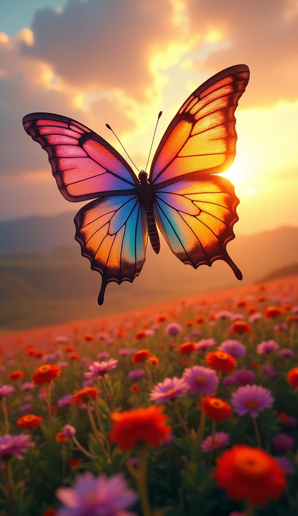 Ultrarealistic 8k Image, Butterfly Transformation: "A gigantic butterfly, with vibrantly colored wings, emerging from the cocoon into a sunrise-lit landscape. Ao fundo, a flowery field with flowers of all colors, as the butterfly slowly rises towards the sky, symbolizing personal growth and transformation."