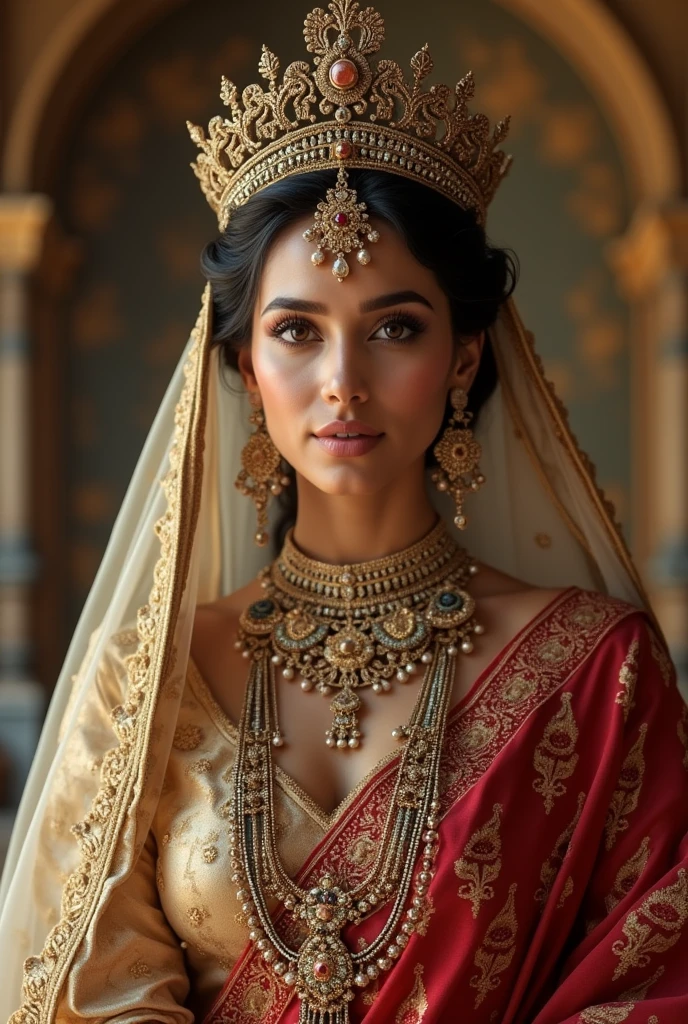 mythology indian queen wearing the Queen crown and byutifull dressup wearing jwellery and looks piece full in the castle
