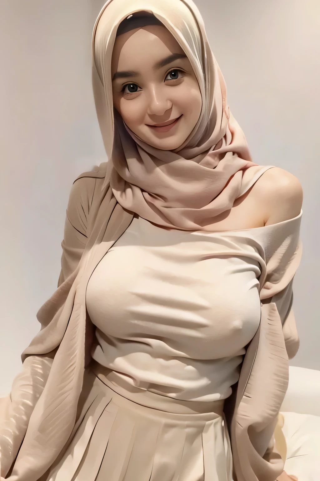 (4k, very realistic, soft light, muted colour), 2 girl, wearing a pink hijab, wearing beige sweater, lower off shoulder sweater, wearing long necklace, (wearing white pleated skirt), sweater follow the shape of body, leaning on sofa, hands on hips, cleavage, (white background), slim body, huge , (huge breast 1.6), kawaii, shot from above, smile