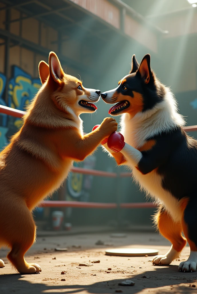 A corgi dog, a chocolate brown border collie, boxing match, scruffy, detailed fur, dynamic action, depth of field, cinematic lighting, vibrant colors, gritty urban background, dramatic composition, masterpiece, 8k, hyperrealistic, photorealistic