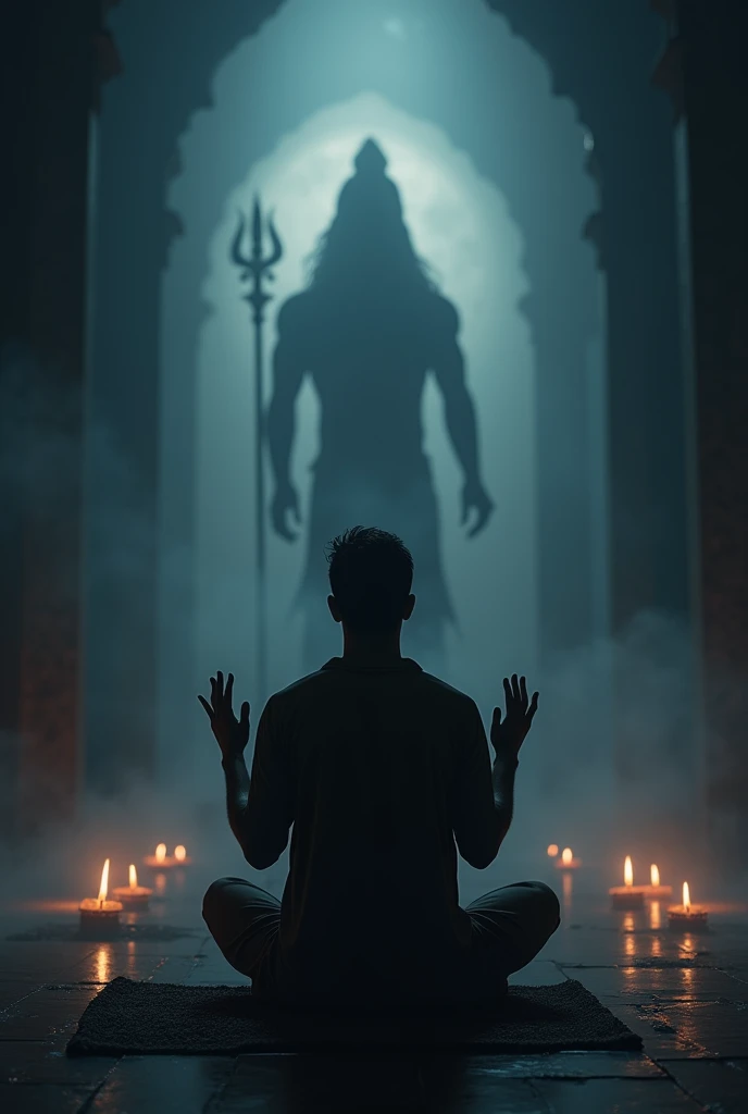 A picture of a man from back worshiping lord shiva in darkness
