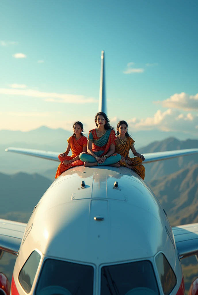 Indian people sit on the aeroplane roof