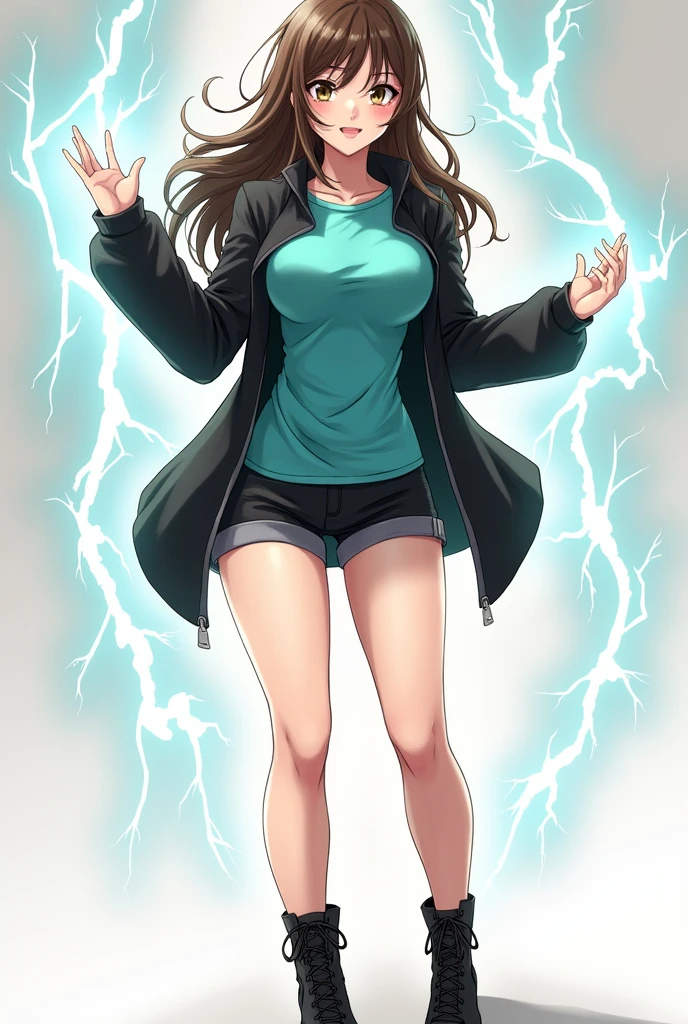 1. 1 white girl 2. skin test very white skin 2. Long wavy brown hair 3. Light brown eyes 4. elongated face 6. Big hips 7. He is wearing black shorts 8. Turquoise T-shirt 10. Black jacket 11. He has lightning bolts in his hands and body 12. It has to be full body 13. Wear black boots 17. It has to be a realistic anime version