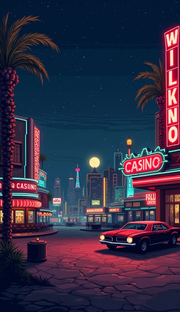 pixel art, 8 bits, Fallout New Vegas, mojave, casino New Vegas de fondoo, at night, casino background illumination