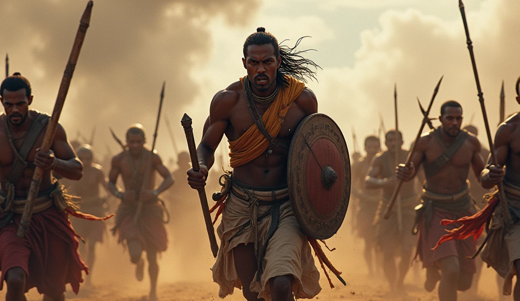 The Ulgulan (Great Rebellion)**
- A dynamic scene of the Ulgulan, the great rebellion led by Birsa Munda. Tribal warriors with traditional weapons are shown charging against the British forces. Birsa, at the forefront, is leading them with fierce determination. The background shows a chaotic battle scene with the British struggling to hold their ground.