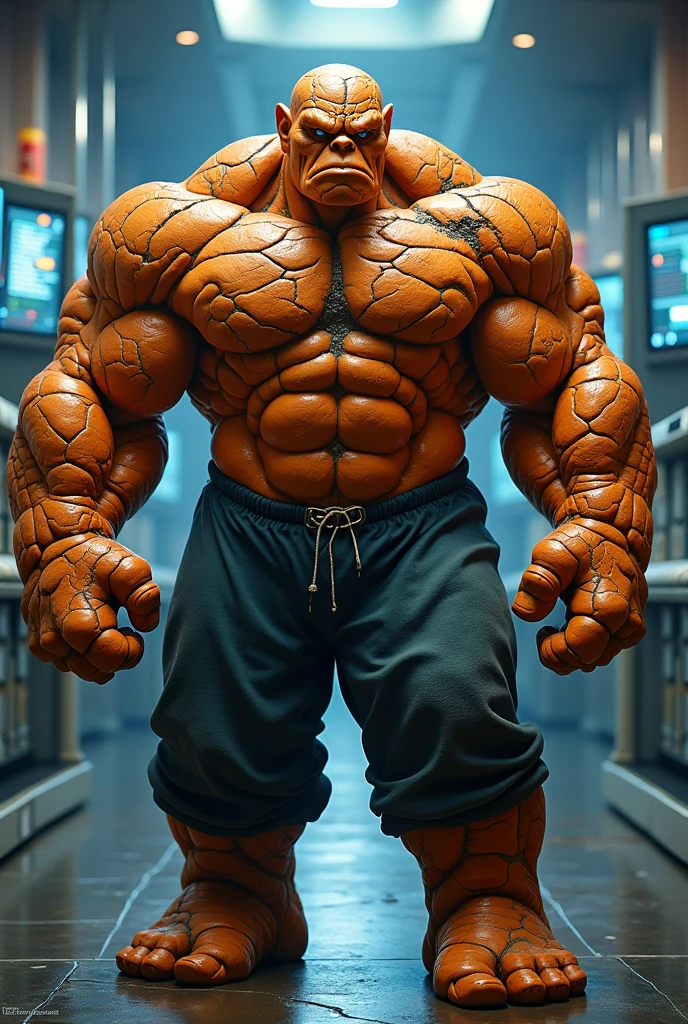 Man with cracking stone face. Human thing marvel. Very dry skin. Wear pant, shirtless. Korg. Fantastic 4 character the thing. Orange skin rock dirt skin. Wear elastic pant ,loose ear. Big head. Bulking short body. Normal people body type. Ben Grimm. Fantastic 4 character,in lab . Hologram everywhere. Data