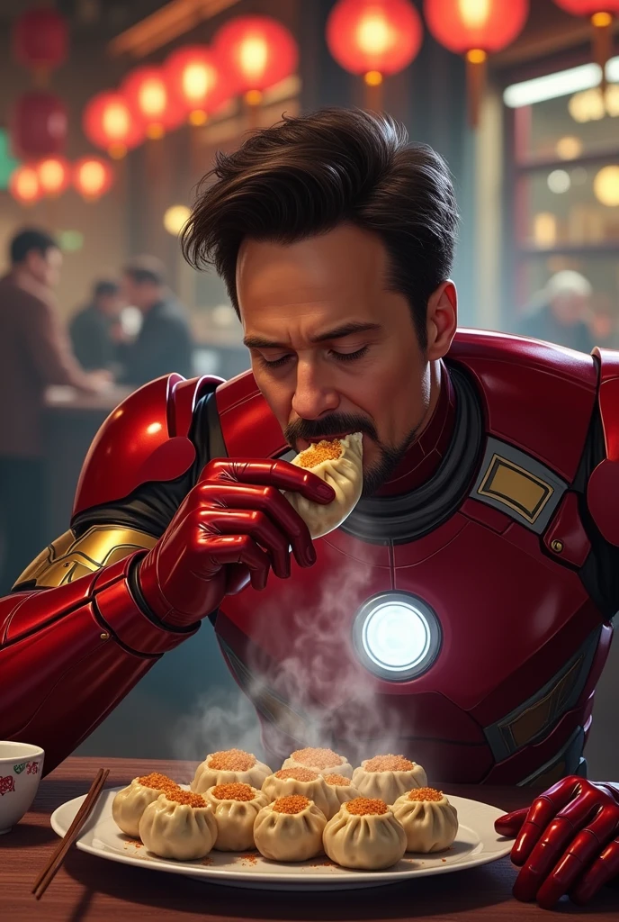 Iron Man eats dumplings
