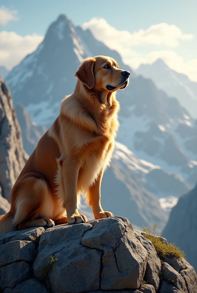 A golden retriever standing on a mountain.