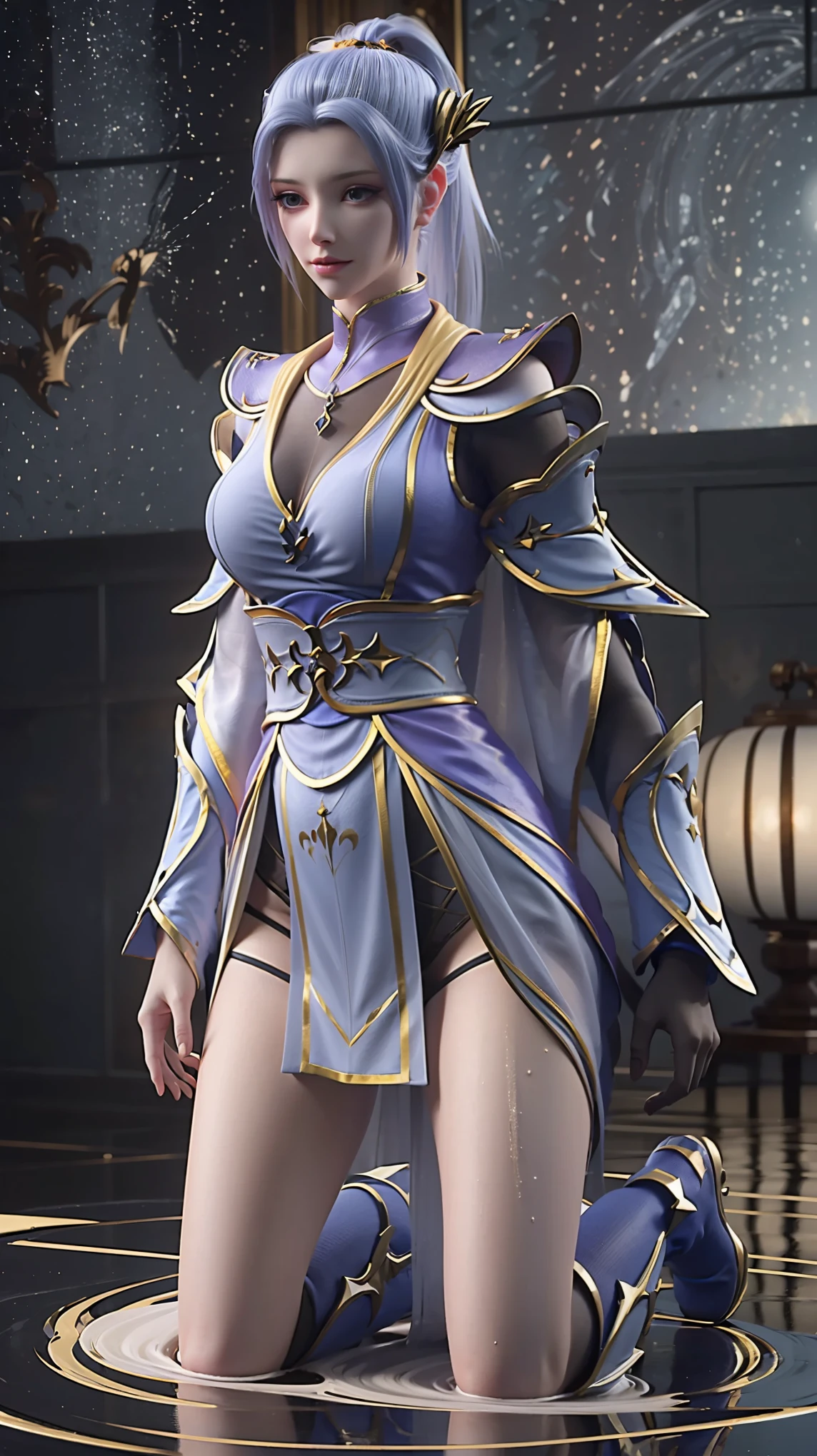 Cartoon woman kneeling on the starry sky, Water splashes at the knees,CG Social Trends, Smooth anime CG art, Starry sky background,Full body view,Royal sister kneeling posture