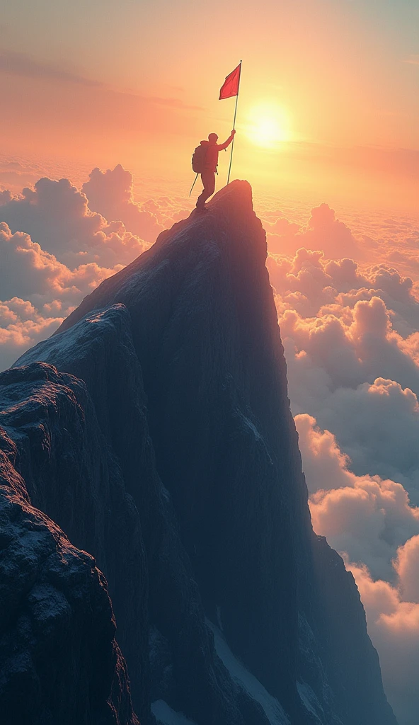 Ultrarealistic 8k Image, Mountain of Overcoming: "A small figure climbing a steep mountain, almost reaching the top, where the sun is starting to rise. The person holds a flag in his hand, ready to settle on top. The sky is shades of orange and gold, and the clouds are below the mountain, creating a sense of elevation and achievement."