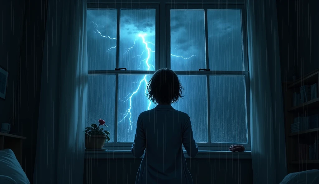 Stormy Night
Illustrate a dark, stormy night with lightning and heavy rain outside the window. The room is now dark as the power goes out.