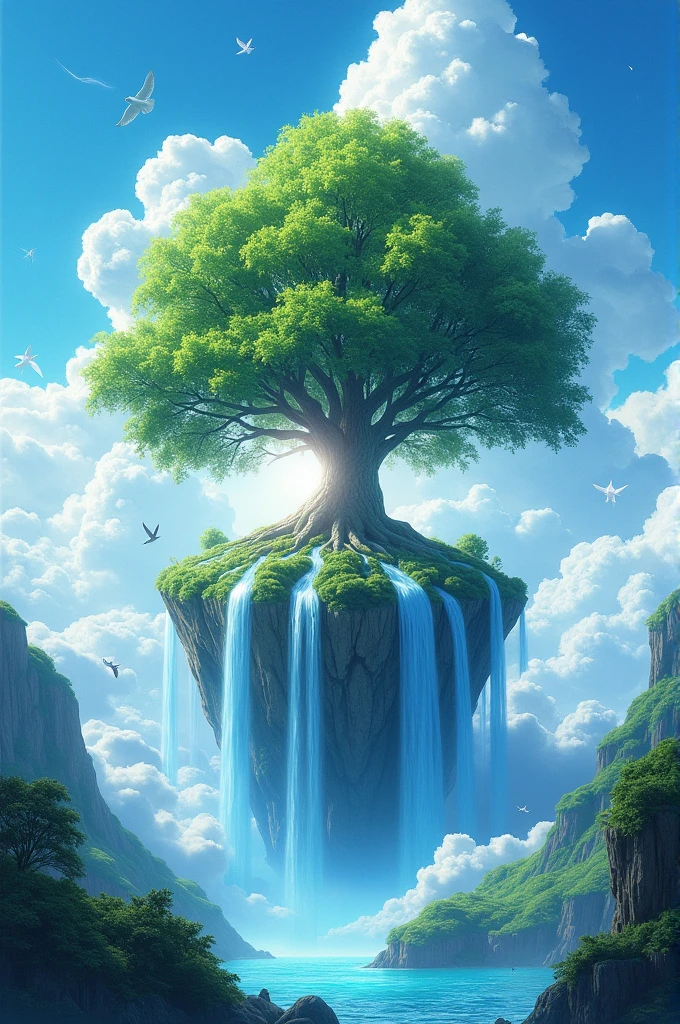 Create an image featuring a large tree with a dense canopy of green leaves, sitting atop fluffy clouds against a bright blue sky. Include some incredibly beautiful blue waterfall rivers, as well as birds flying around the trees and position the sun directly behind them to create a radiating light effect, highlighting this dreamlike landscape. realistic, cinematic