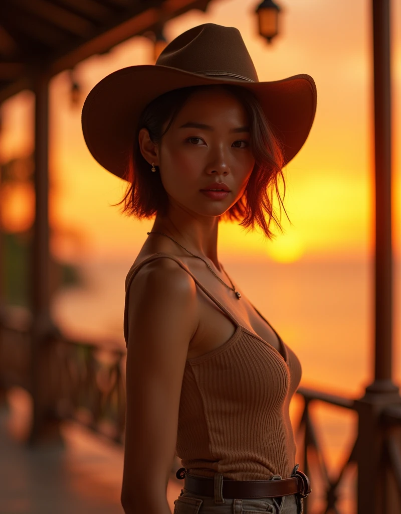Realistic photography, Asian 35 years woman.,Beautiful lady, cutie, wearing a cowboy hat, stands on the veranda , Orange sunset Shot in the knees,(skinny:1.3),Aesthetic work of art, intricate light brown pixie hair, , Realistic details, perfect proportions, Full length photo, very beautiful, very strong body, posing, pout, looking straight into the camera,high detail, Sharp Focus (natural light),, Crazy details, complex parts, hyperdetailing orange atmosphere
