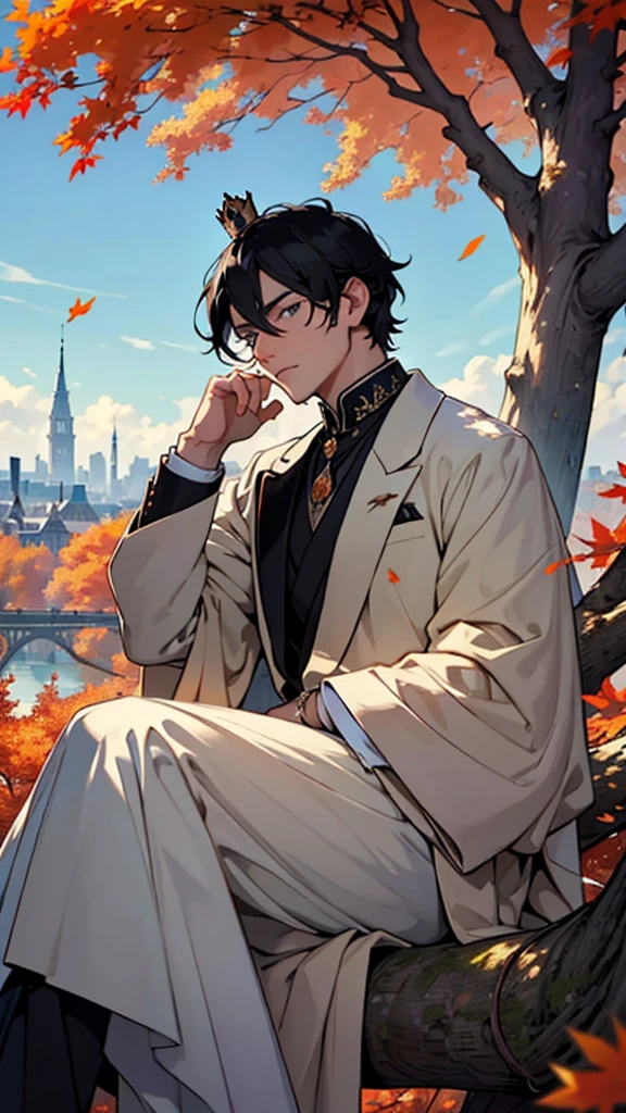 A medium black haired blue eyed boy wearing a monocle wearing a formal royal outfit looking to the calm side. Sitting under a tree scattering leaves in the air in autumn. crown prince. Setting is a forest with a view of the city. perfect hands.