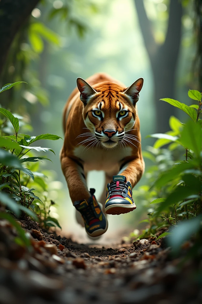 A puma running through the jungle while wearing puma brand sneakers 