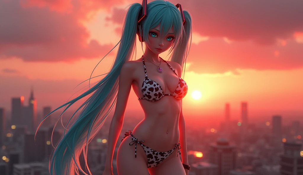 (photorealism:1.2), hyperrealistic HAtsune Miku very busty doing an ahegao, thin size 28H, with huge tits lactating, wearing a cowprint bikini with a sunset in the background in Mexico City populated only by elementary school girls
