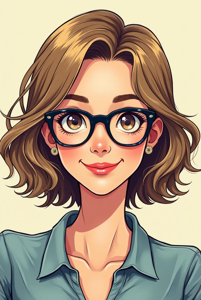 Style manga, une femme de 35 ans, cheveux chatain clair avec des meches blondes au carré. Petits yeux, levres fines, lunettes arrondies noires, elle sourit