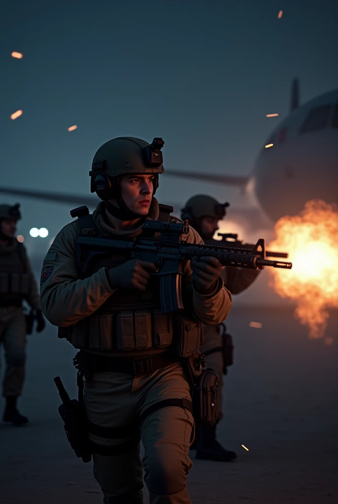 "Operation Thunderbolt," prompt could be:"Show an intense nighttime military operation with Israeli commandos in tactical gear, storming an airplane at an airport. Include dramatic lighting, with flashes of gunfire and a sense of urgency. Highlight a lead commando in the foreground, with determined expressions, weapons ready, and the silhouette of the plane in the background. The color scheme should be dark with contrasting highlights to emphasize the tension and action."