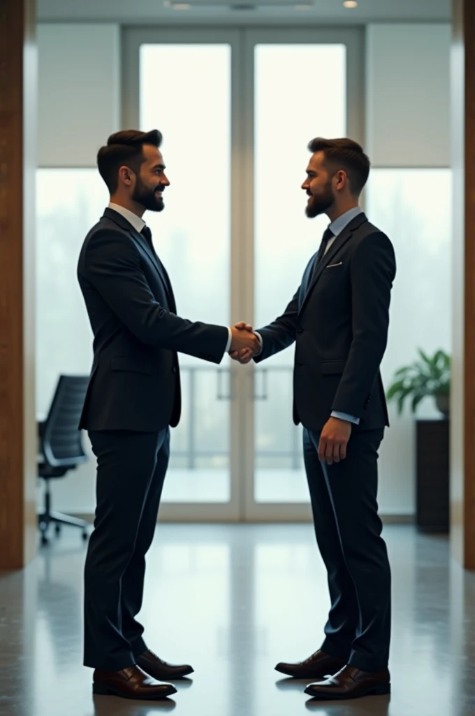 Letter M logo being formed in a handshake between two businessmen 