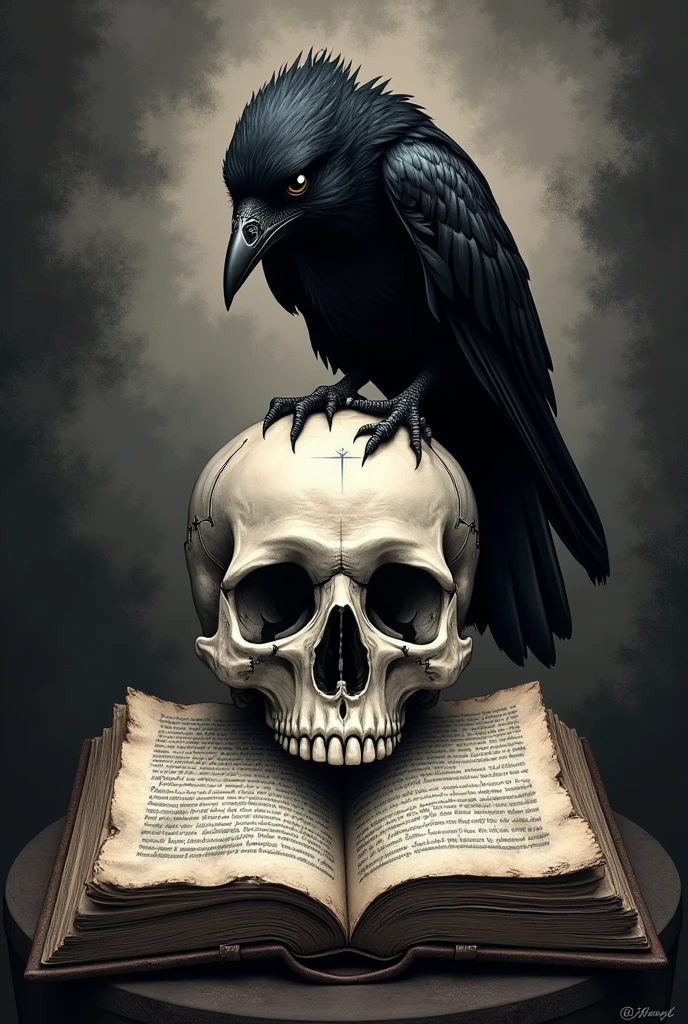 Tattoo of a crow on top of a skull reading a book