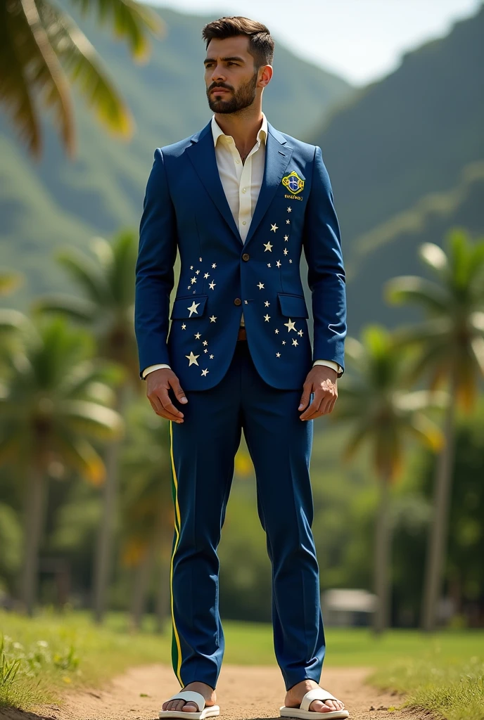 brazil uniforms, male version where it is a more elegant aesthetic and the blazer is a dark blue color with white stars, blue pants with green and yellow details and white flip flops