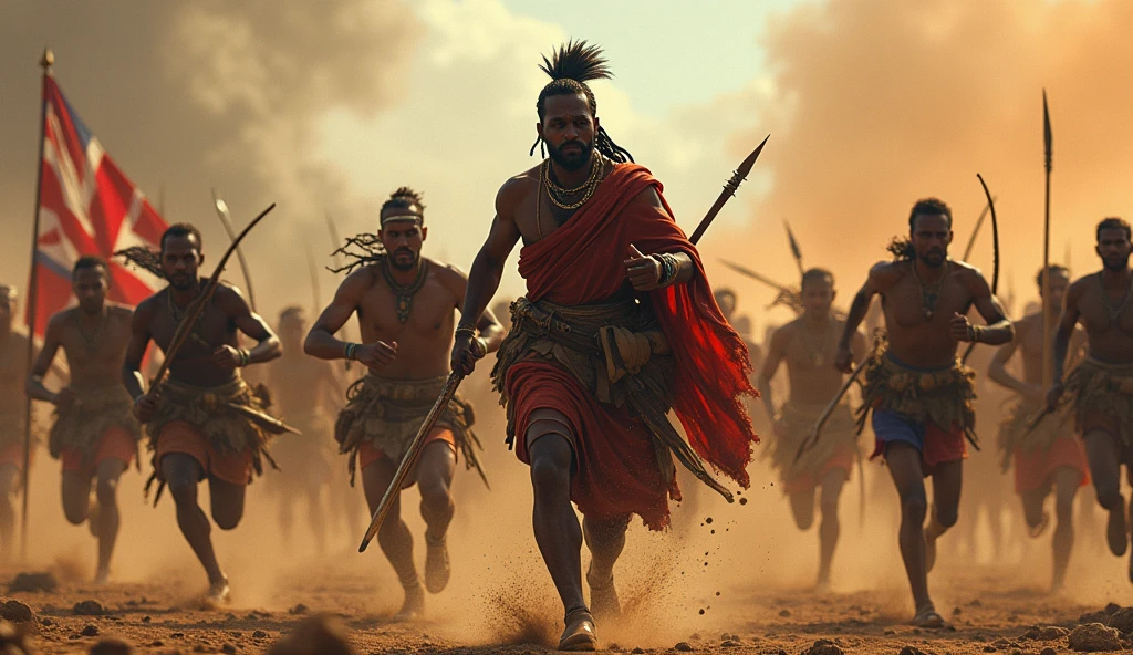 The Ulgulan (Great Rebellion)**
   - A dynamic scene of the Ulgulan, the great rebellion led by Birsa Munda. Tribal warriors with traditional weapons are shown charging against the British forces. Birsa, at the forefront, is leading them with fierce determination. The background shows a chaotic battle scene with the British struggling to hold their ground.
