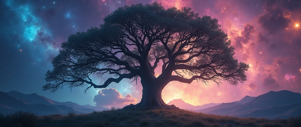 Giant tree with many large, spreading branches, multicolored background with galactic atmosphere colorful nebulae and stars 