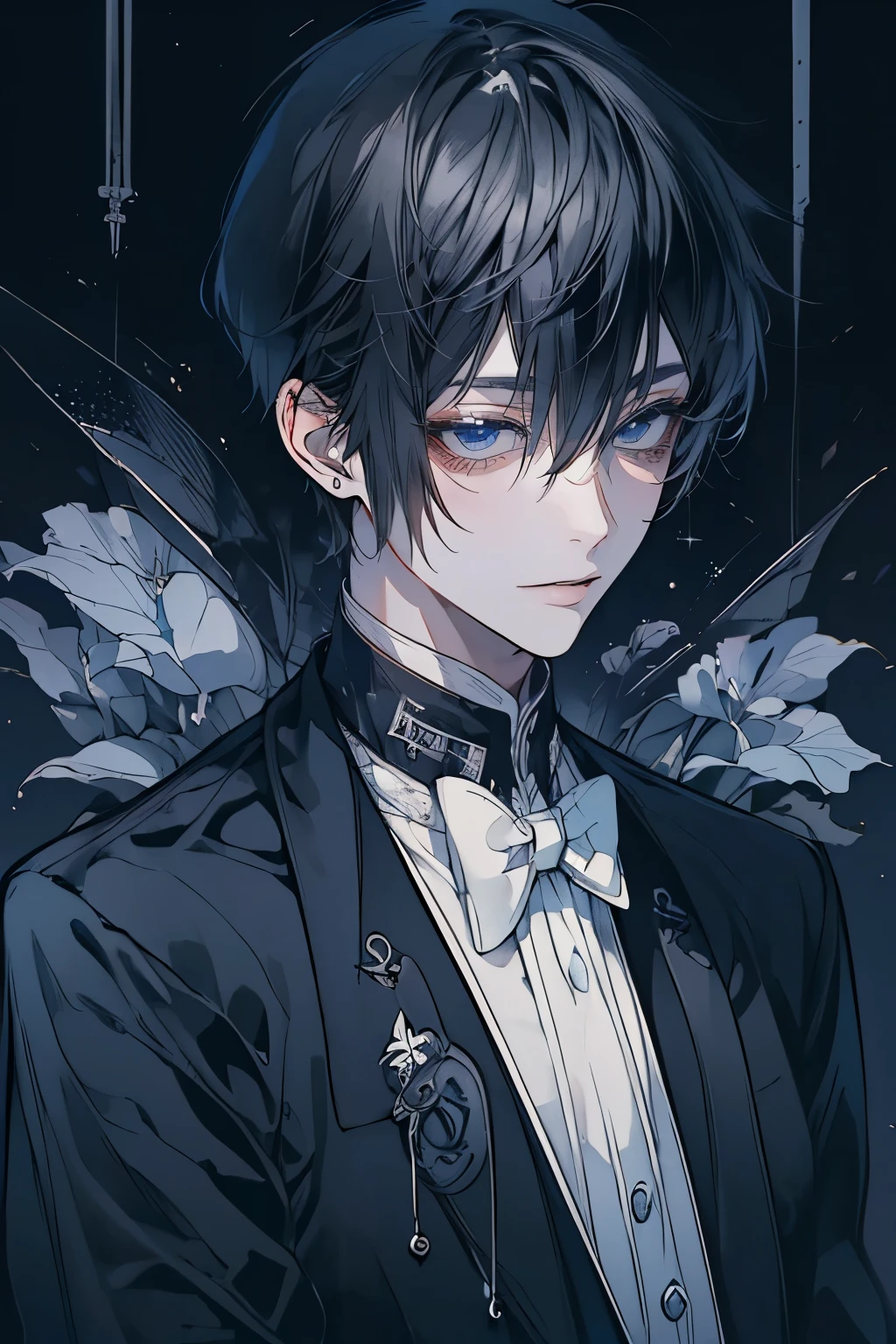 (Mastepiece)、(Best Quality)、Very detailed、((One man:1.5))、((Condescending Gaze:1.4))、Perfect Face、Beautiful Face、Very detailedな顔、(Black Hair:1.3)、Black butler uniform、(Glasses、White gloves:1.3)、Smiling face