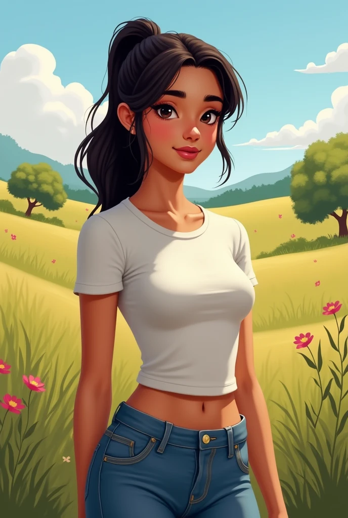 young slim latina woman her face has long oval shape has small narrow forehead, low hairline, downturned eyes, straight eyebrows And straight wide nose with a bumpy bridge, small mouth, of hourglass silhouette, her hair Is dark chocolate in a short pony tail, she wears a fitted tshirt And jeans, it's a Sunny day at the pastures, scattered trees And bushes.