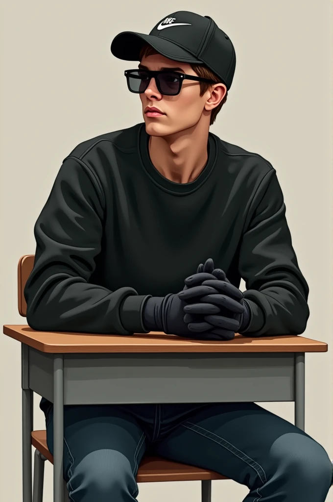 Realistic image of a young man sitting on chair and school desk, all black sweatshirt, he is wearing Juliett sunglasses, jeans, black cold gloves, Nike brand curved brim cap. The young man is looking sideways.