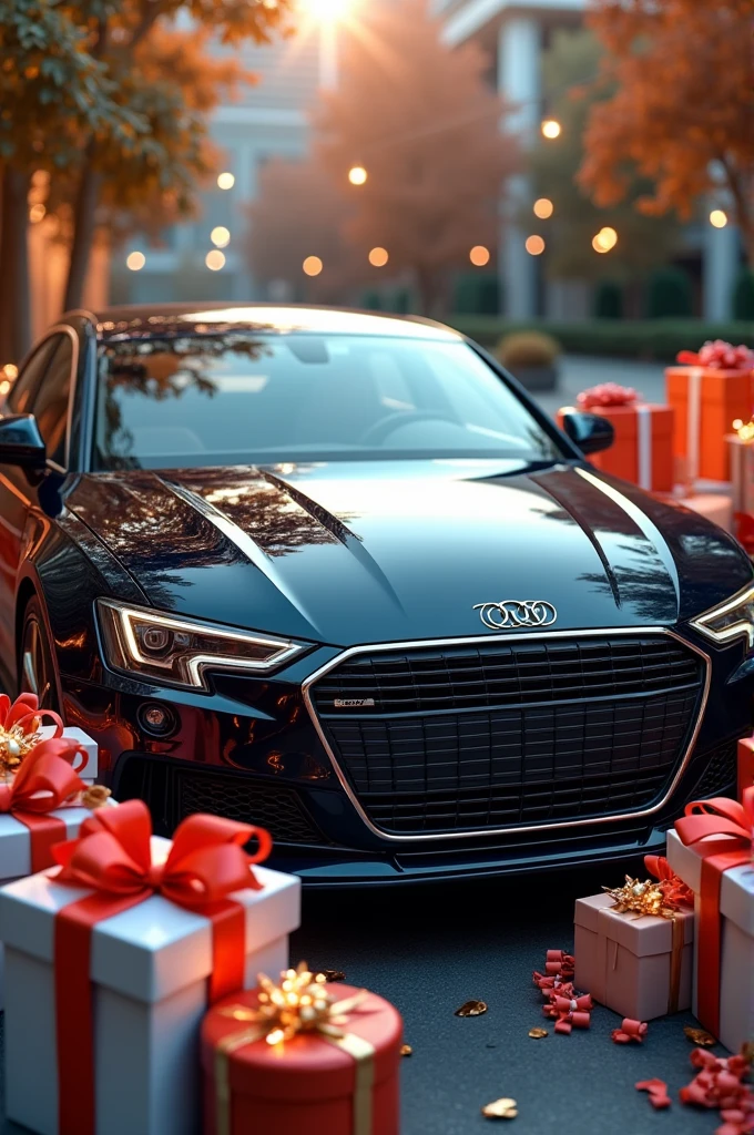 Make a postcard with congratulations from my brother Alikhan on the background of a car, gifts and text with wishes
