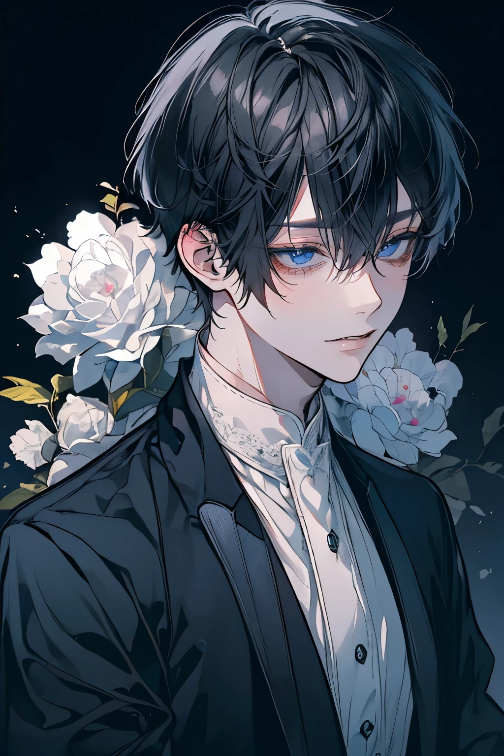 (Mastepiece)、(Best Quality)、Very detailed、((One man:1.5))、((Condescending Gaze:1.4))、Perfect Face、Beautiful Face、Very detailedな顔、(Black Hair:1.3)、Black butler uniform、(Glasses、White gloves:1.3)、Smiling face