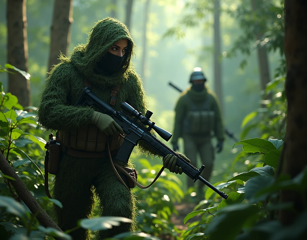 Aishwarya Rai as sniper, wearing wearing full ghillie suit, wearing full face scarf, wearing gloves, in jungle area, full body view, attacking male enemy soldier with knife from behind,