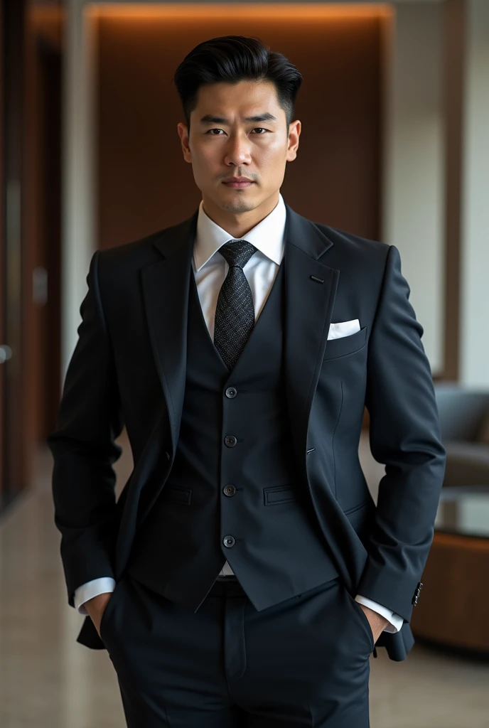 good looking, rich, And a tough-looking Korean man in a suit
