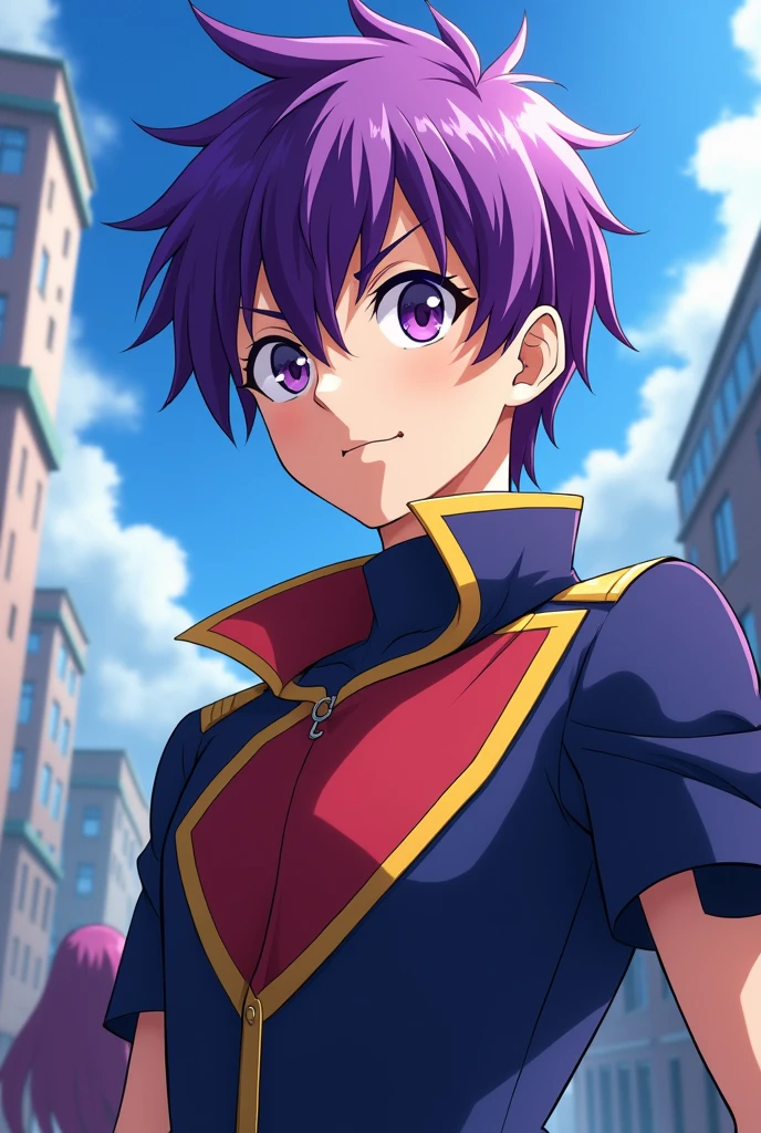 Create an anime boy with purple hair and the hero academy uniform
