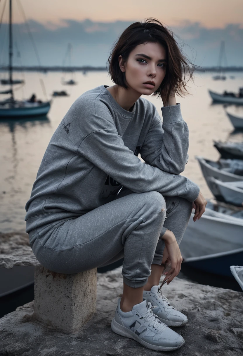 a expressive woman,Blunt bob,Brunette,Athleisure Comfy sweatpants in a soft grey fleece material.,claw pose,,Calm sky with sailboats on the horizon,Middle Ages,Grunge style Textured distressed vintage edgy punk rock vibe dirty noisy,style by Misha Gordin,bokeh professional 4k highly detailed,Fujichrome Provia 100F,split lighting